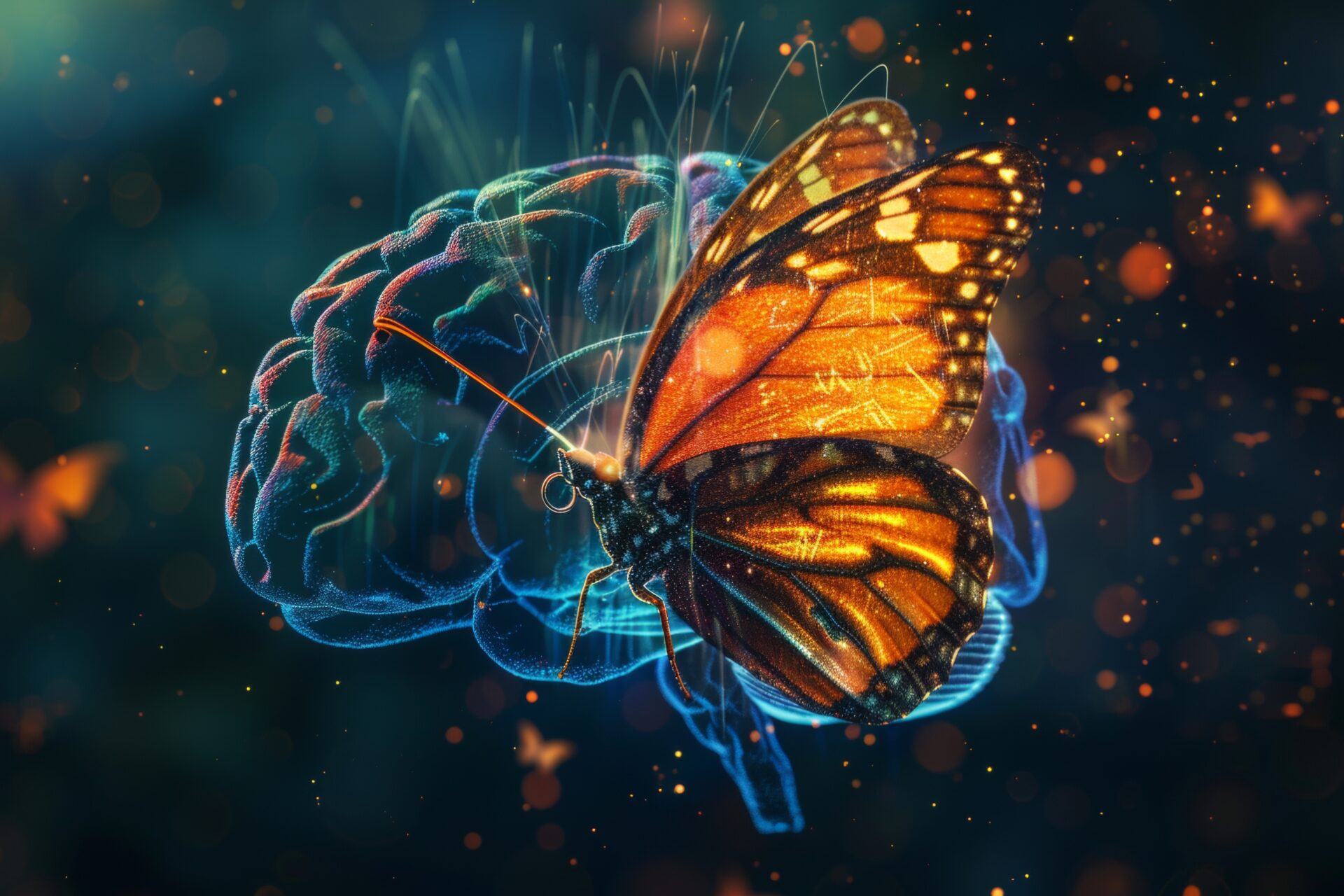 A human brain transforming into a butterfly symbolizing personal growth and neuroplasticity
